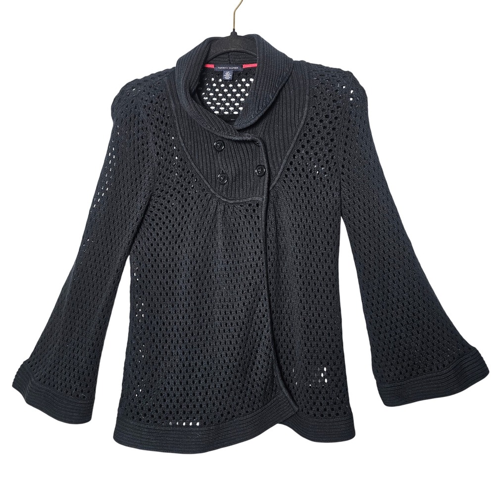Tommy Hilfiger Womens Open Knit Bell Sleeve Cardigan S Black Whimsigoth Gothic